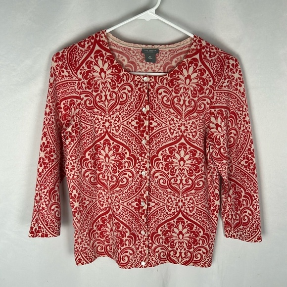 Ann Taylor Red and Beige Damask Print Merino Wool Cardigan Sweater -Size MP - Picture 1 of 5